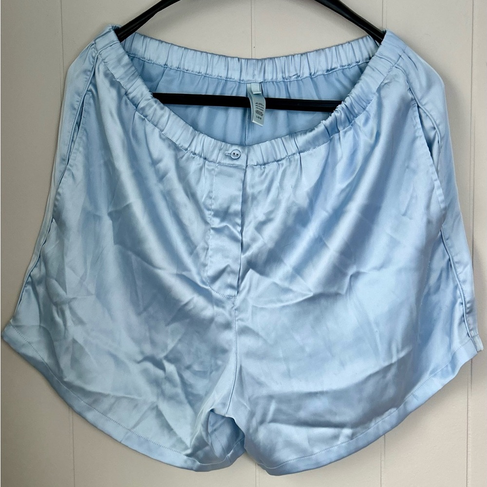 SKIMS Light Blue Satin Lounge Shorts with Elastic Waist